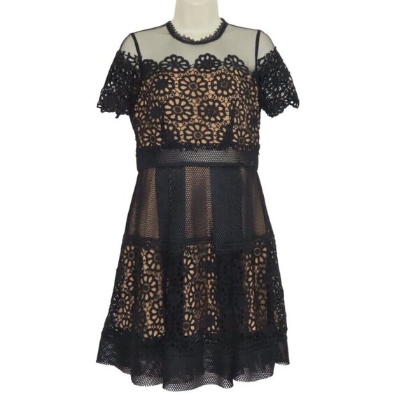 Aqua Womens Small Black Nude Lace Mesh Sheer Panel Short Sleeve Cocktail Dress - Picture 1 of 10